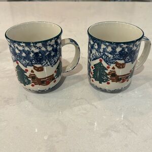Vintage Folk Craft Cabin In The Snow By Tienshan 2 Mugs/2Bowls